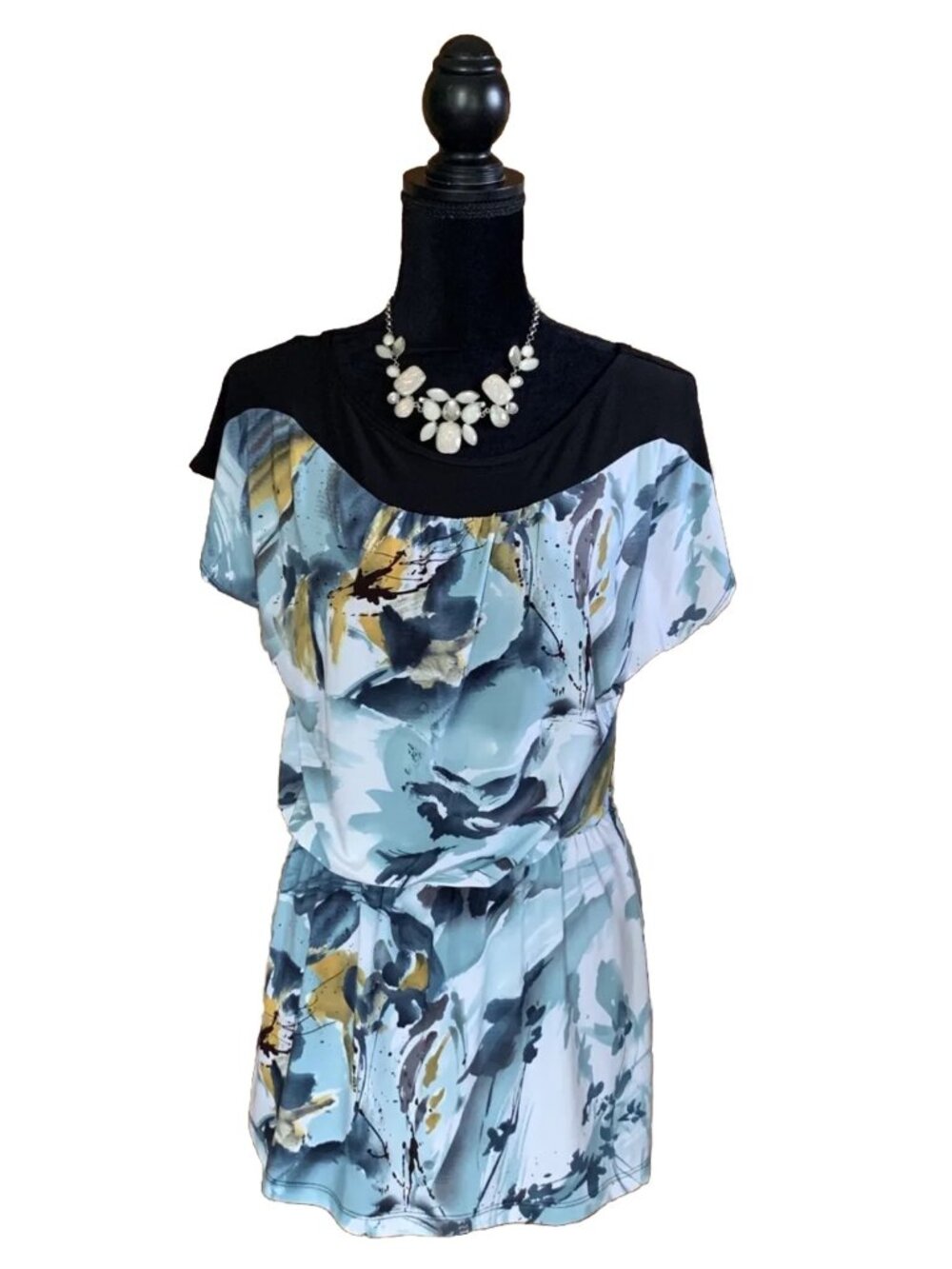 Sixteen Womens Shirt Size Small Stretch Blue Black Tie Bateau Shortsleeve